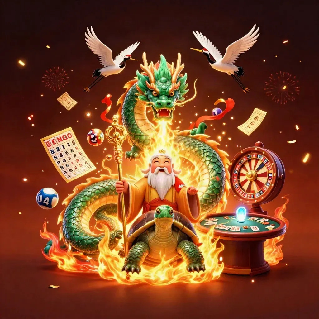 Emerald dragon, turtle sage and cranes amid casino treasures, fire, confetti and neon glow.