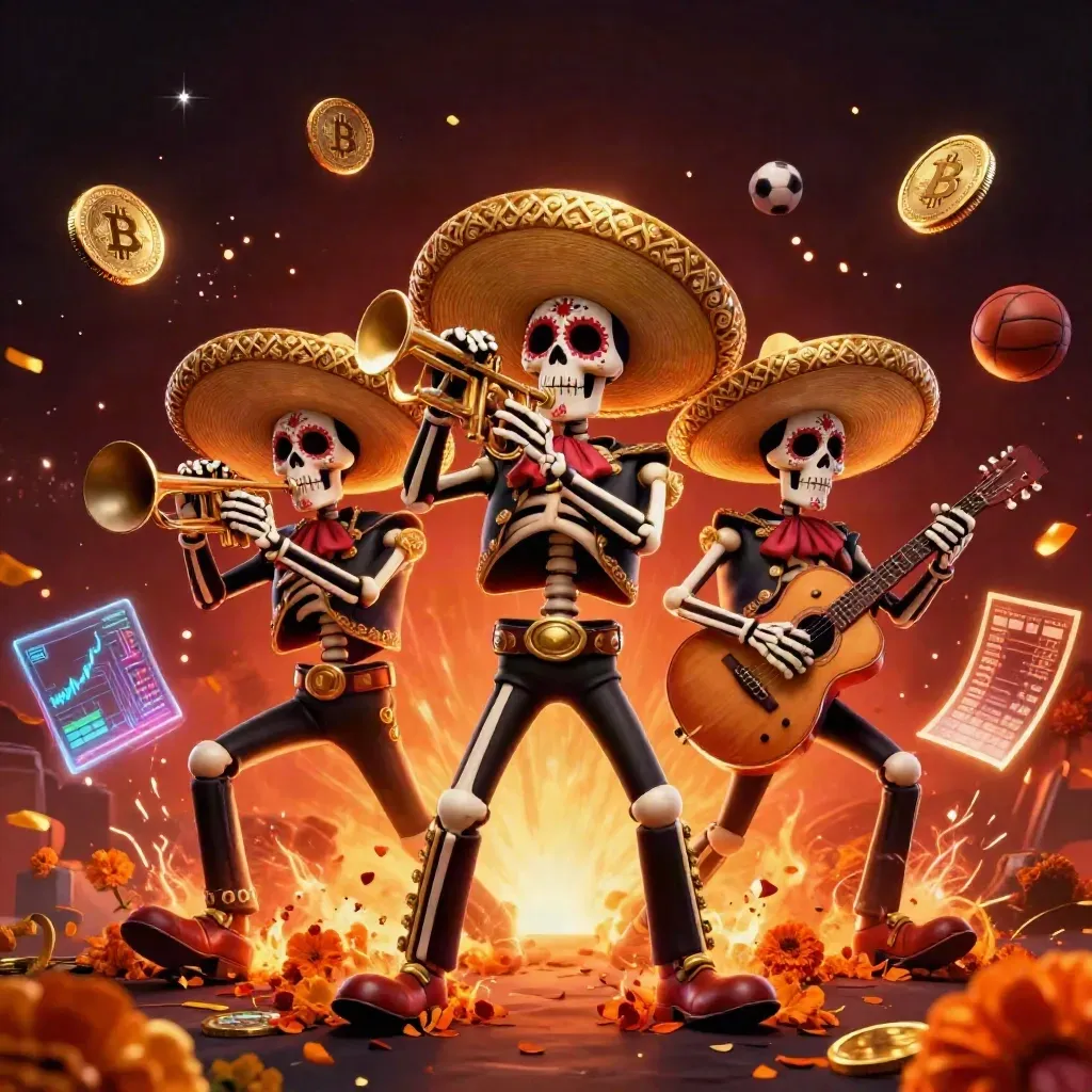 Skeleton mariachi trio amid coins, confetti, lightning, and sports props on a fiery casino backdrop.