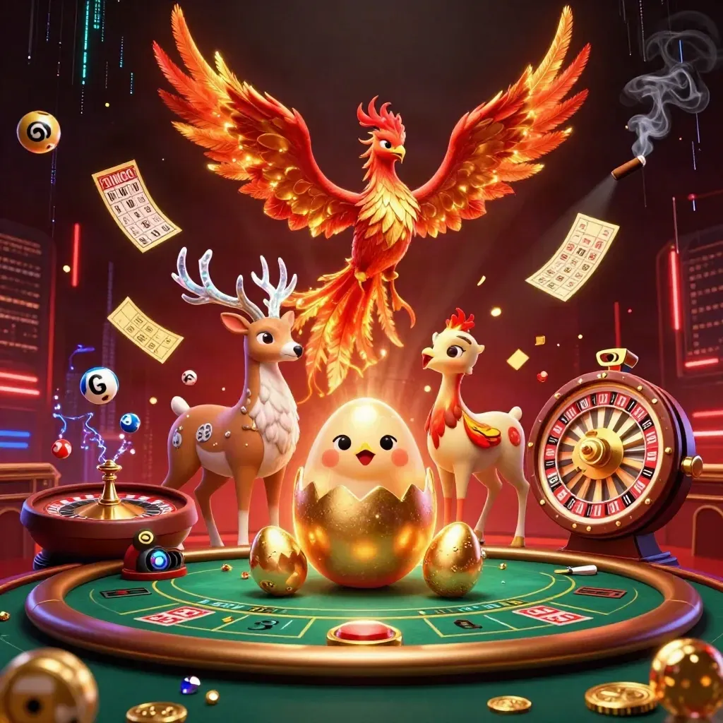 Phoenix, hatchling and stag amid casino lights, lotto balls, prize wheel and gold confetti.