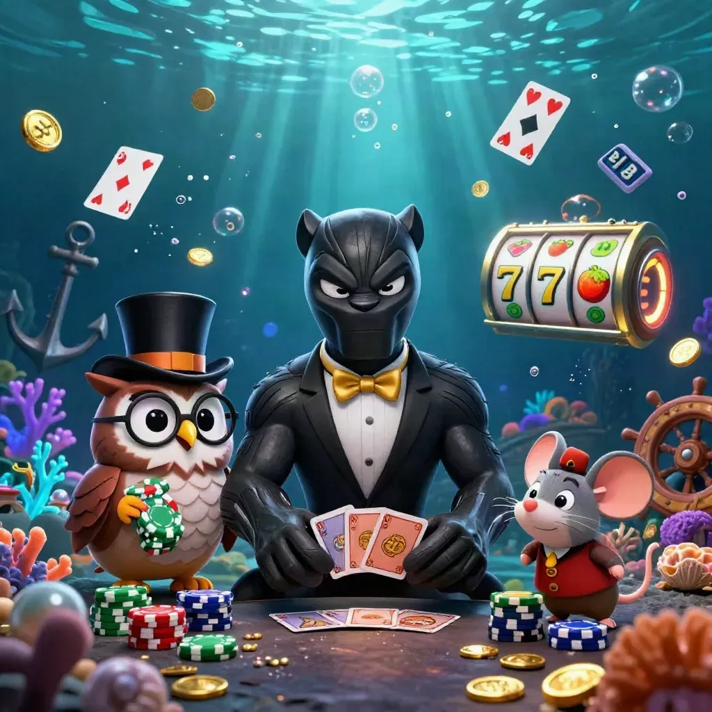 Black panther, owl, and mouse in a glowing underwater casino treasure scene.