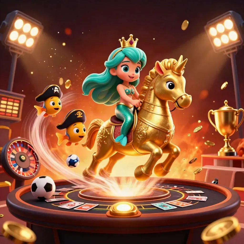 Mermaid princess rides a golden seahorse amid casino props, sports balls, coins, and glowing lights.
