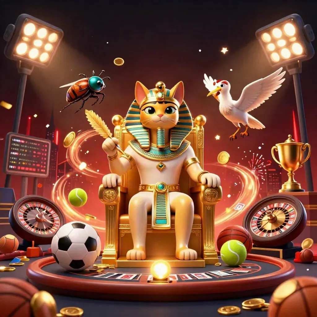 Pharaoh cat and ibis scribe with jeweled scarabs amid coins, fireworks, and casino game symbols.