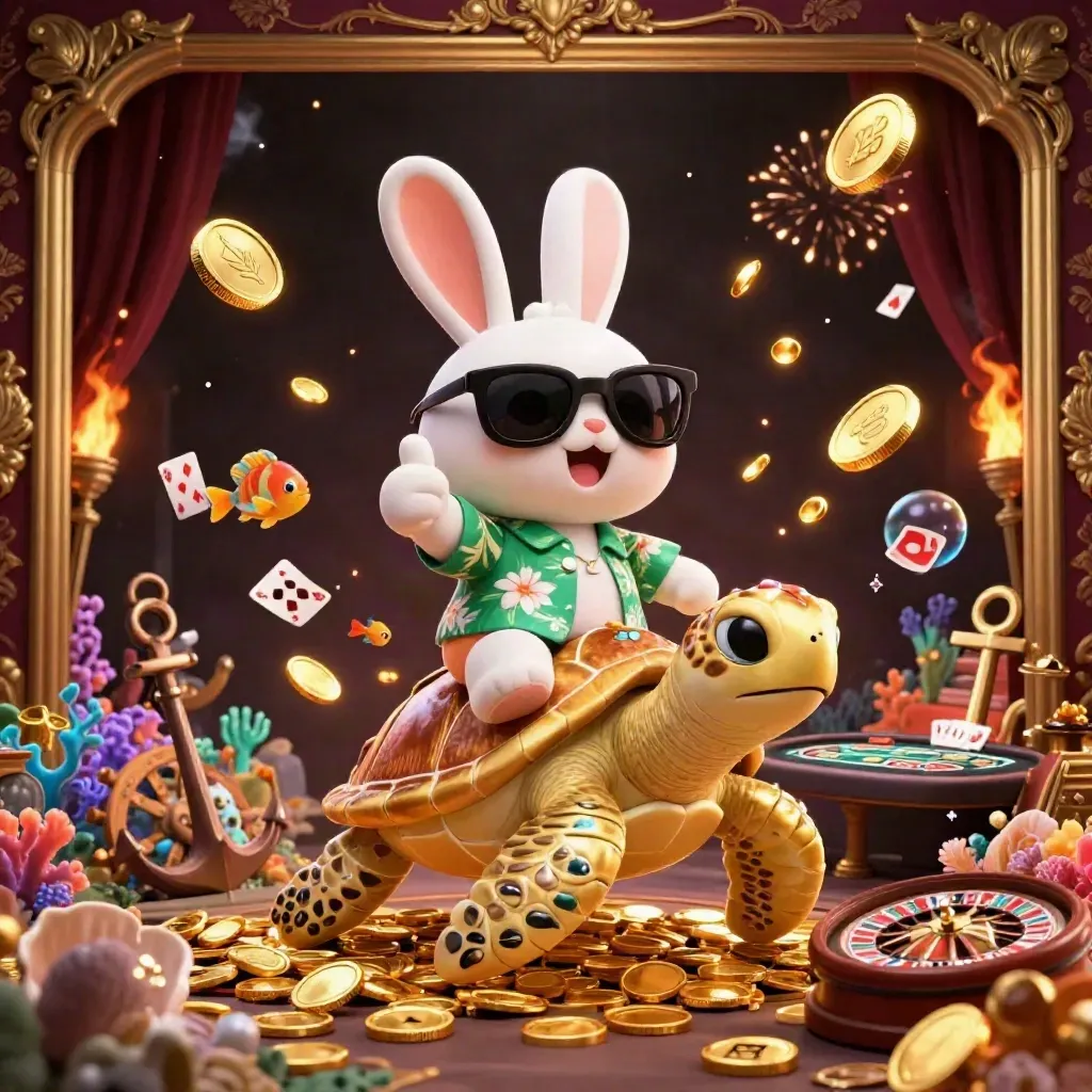Lucky rabbit on a golden turtle amid coins, coral, cards, roulette, and casino sparkle.