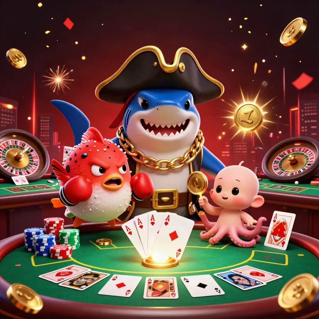 Pirate shark, red pufferfish, and octopus amid casino coins, cards, and fireworks.