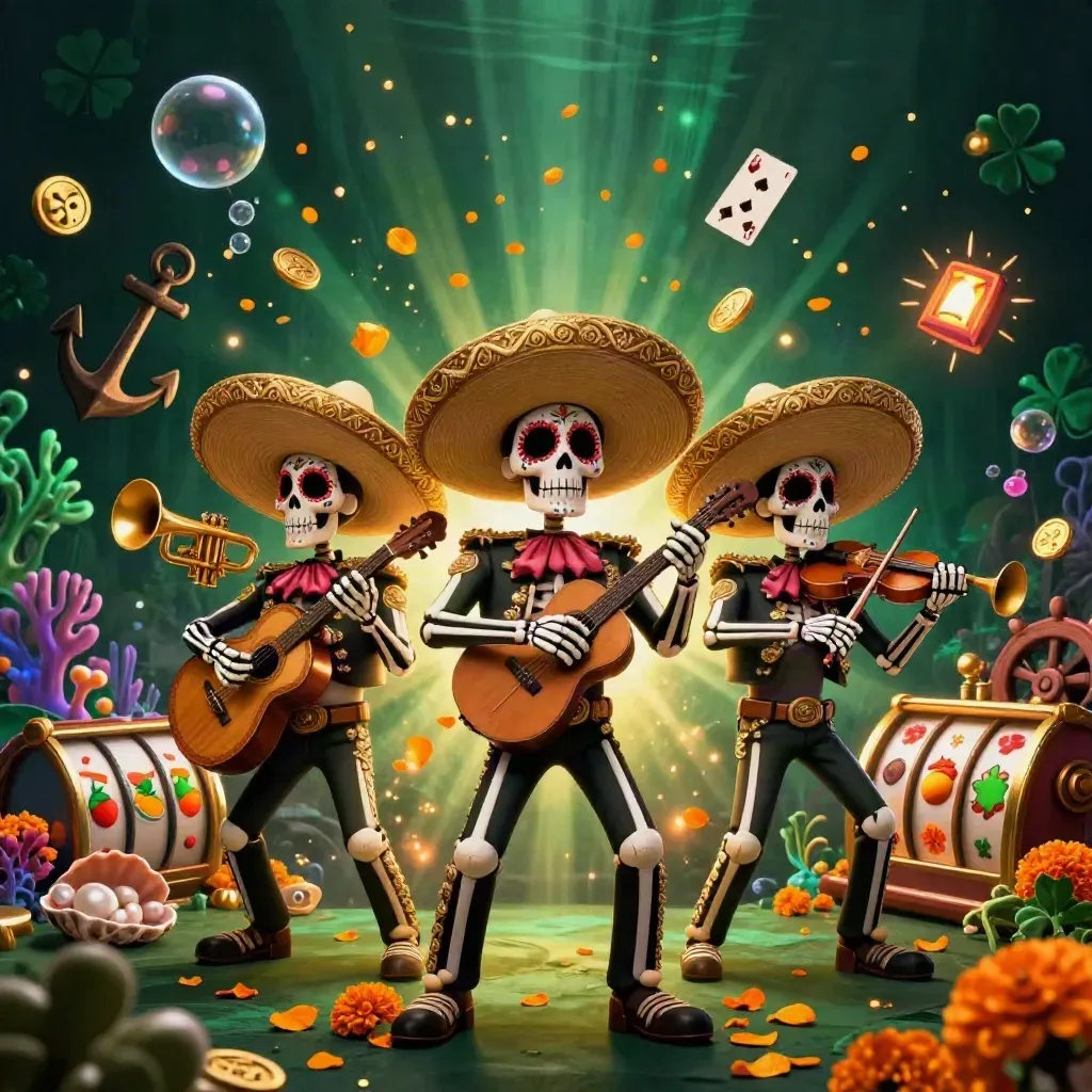 Skeleton mariachi trio amid treasure coins, coral, cards, and casino glow.